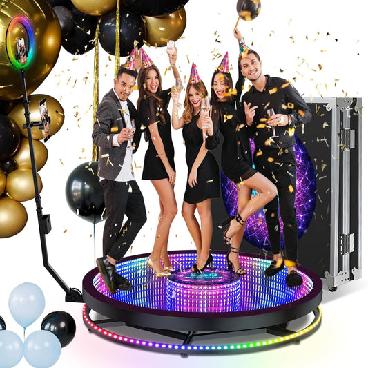 Glass 360 Photo Booth Machine for Parties with Flight Case Free Logo Customization Software APP Remote Automatic 360 Spin Camera Booth for 4-5 People