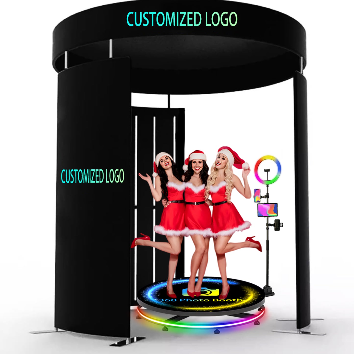 360 Photobooth Backdrop Photo Booth Enclosure Wall 8FT Backdrops with Top Customized Logo Video Selfie Rotating Background with 24 PCS LED Light Screen Stand for Rental Wedding Party