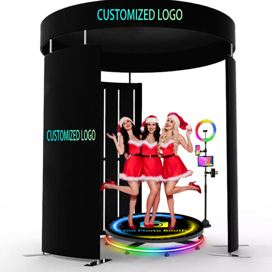 360 Photobooth Backdrop Photo Booth Enclosure Wall 8FT Backdrops with Top Customized Logo Video Selfie Rotating Background with 24 PCS LED Light Screen Stand for Rental Wedding Party
