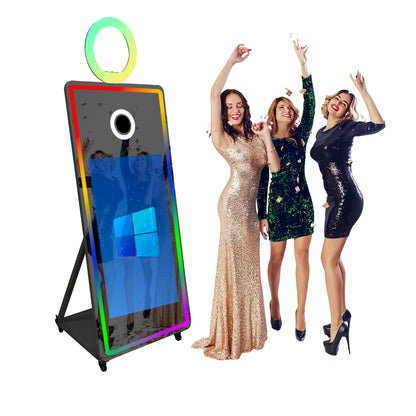 Magic Mirror Photo Booth with Flight Case and Square Fill Light 65 in Movable Mirror Photobooth Machine with 32in 43in Touch Screen for Events Parties Wedding Rental