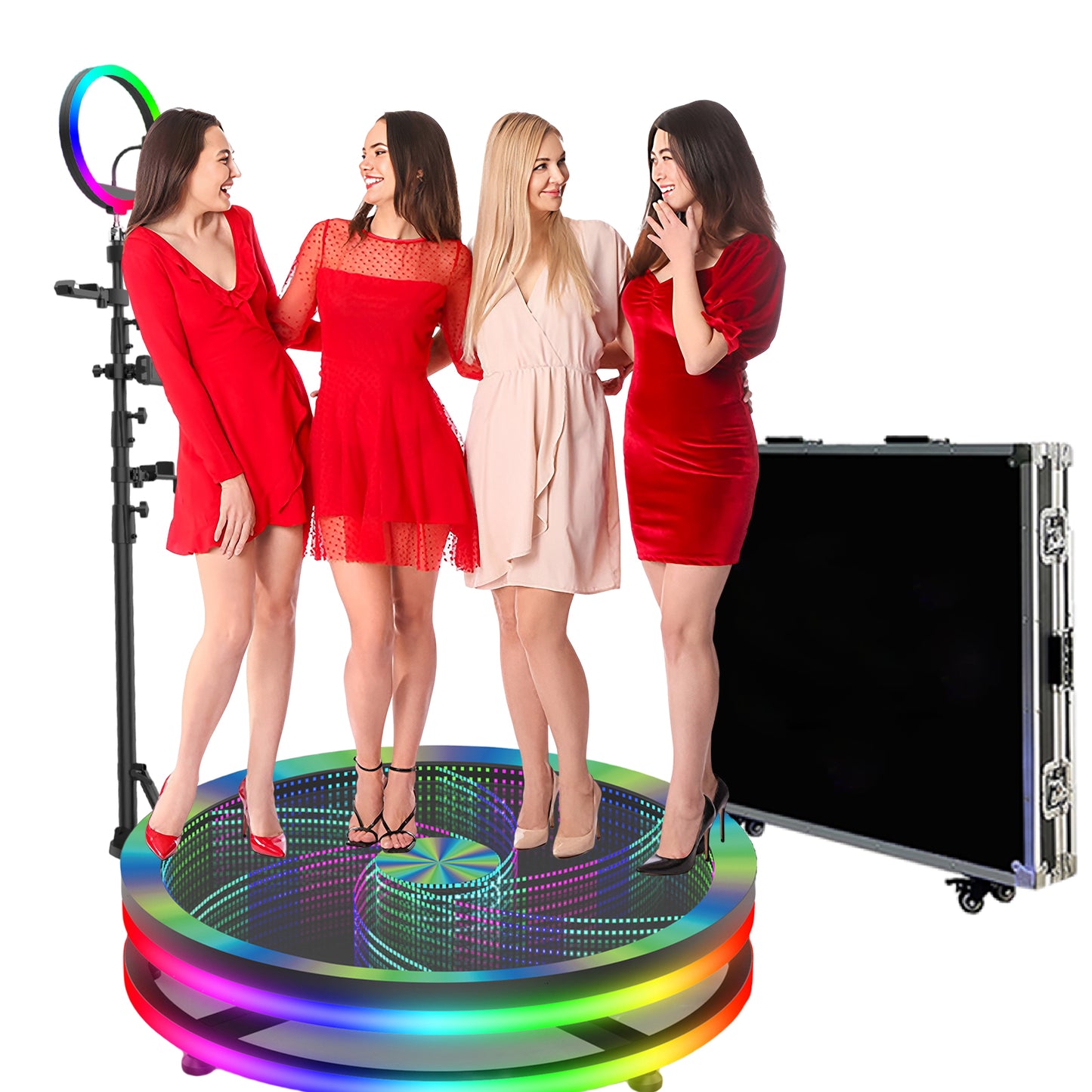 Glass 360 Photo Booth Machine for Parties with Flight Case Free Logo Customization Software APP Remote Automatic 360 Spin Camera Booth for 4-5 People