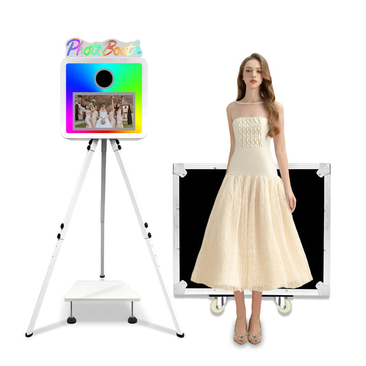 Cabina de fotos con espejo mágico, estuche de transporte y luz de relleno cuadrada. Máquina de fotomatón con espejo móvil de 65 pulgadas y pantalla táctil de 32 y 43 pulgadas para eventos, fiestas, bodas y alquiler.