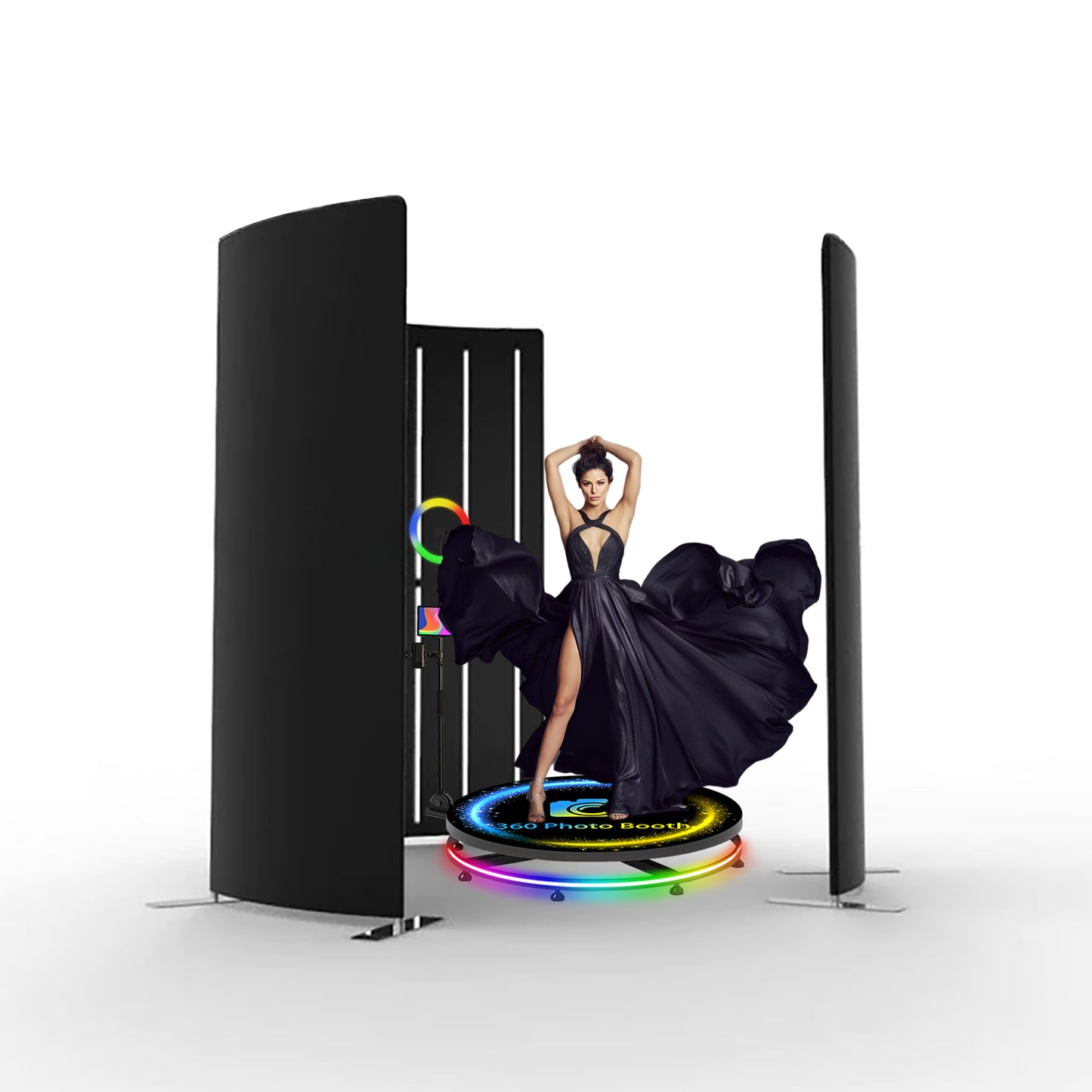 360 Photobooth Backdrop Photo Booth Enclosure Wall 3FT Backdrops Customized Logo Video Selfie Rotating Background with 24 PCS LED Light Screen Stand for Rental Wedding Party