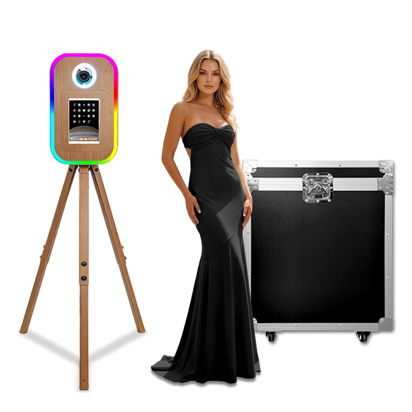 Cabina de fotos portátil para iPad de 10.2", 11" y 12.9". Control por app. Carcasa con soporte compatible con iPad. Carcasa para selfies con cámara DSLR y luz de anillo para fiestas de cumpleaños.