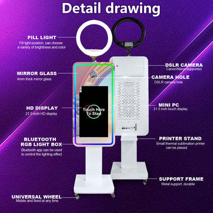 Magic Mirror Photo Booth 21.5/32" Touch Screen Camera Selfie DSLR Photobooth Machine with Software RGB LED Ring Light and Flight Case for Event Rental Wedding Party