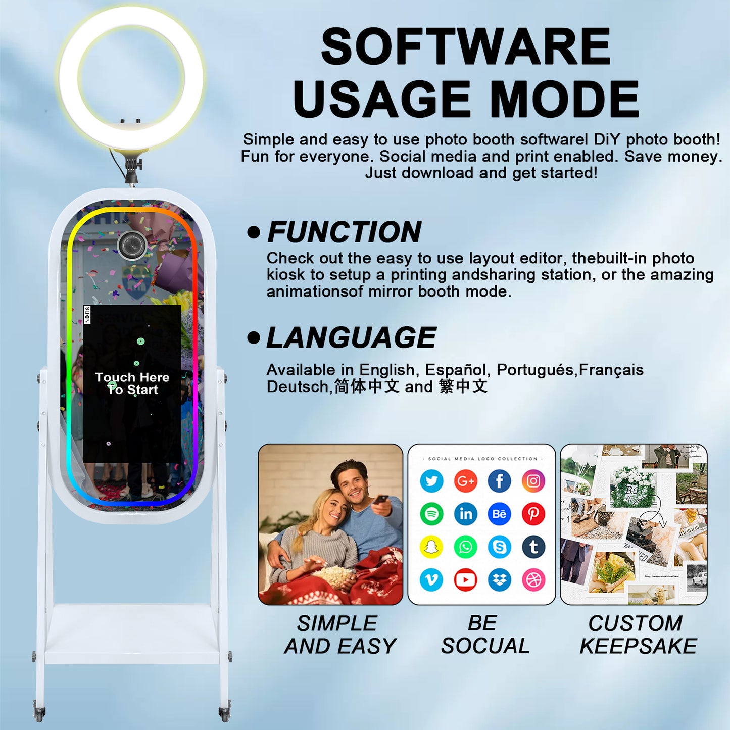 Magic Mirror Photo Booth Machine wiht 21.5" Touch Screen Mirror Photo Booth Selfie Photobooth Machine RGB Light for Event Rental Wedding Party