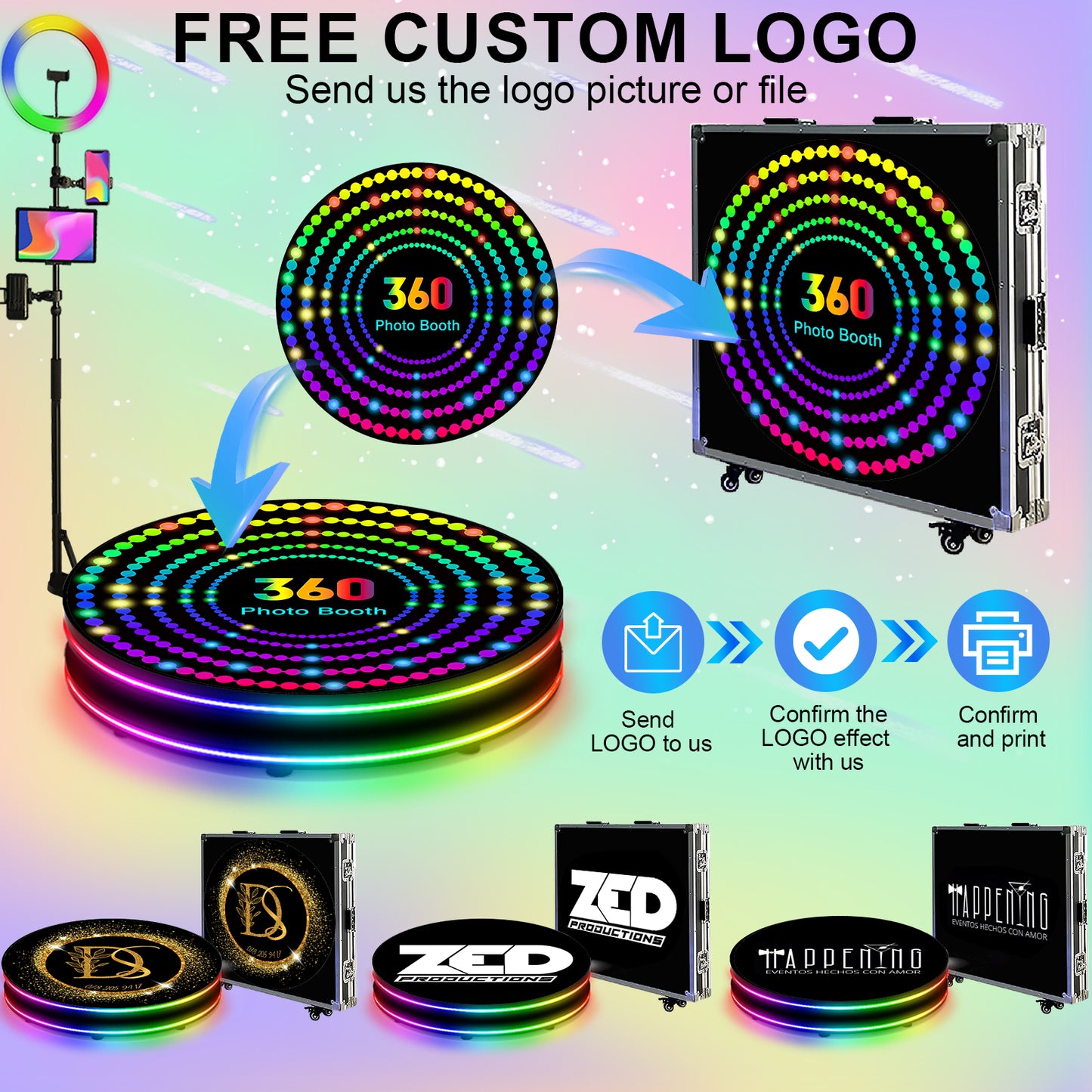 360 Photo Booth Machine for Parties with Flight Case Logo Customization Software APP Remote Automatic 360 Spin Camera Video Booth for 5-7 People