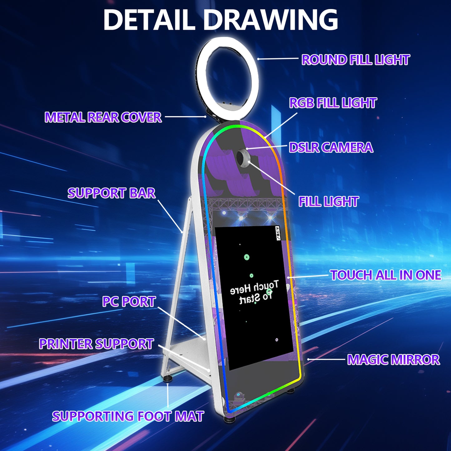 Portable 32/43 Inch Touch Screen Magic Mirror Booth Machine Flight Case Packing Mirror Photo Booth Selfie 65 Inch Photobooth for Weddings Parties Events