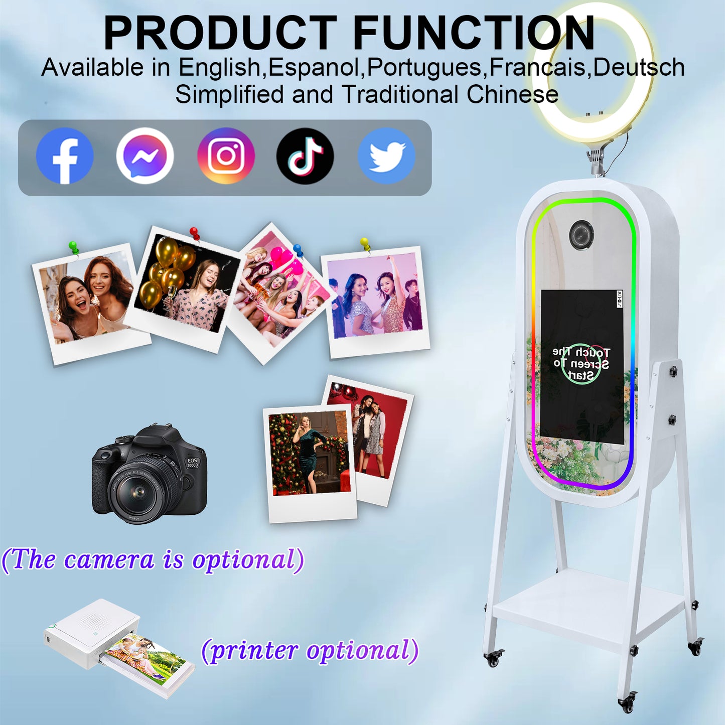 Magic Mirror Photo Booth Machine wiht 21.5" Touch Screen Mirror Photo Booth Selfie Photobooth Machine RGB Light for Event Rental Wedding Party