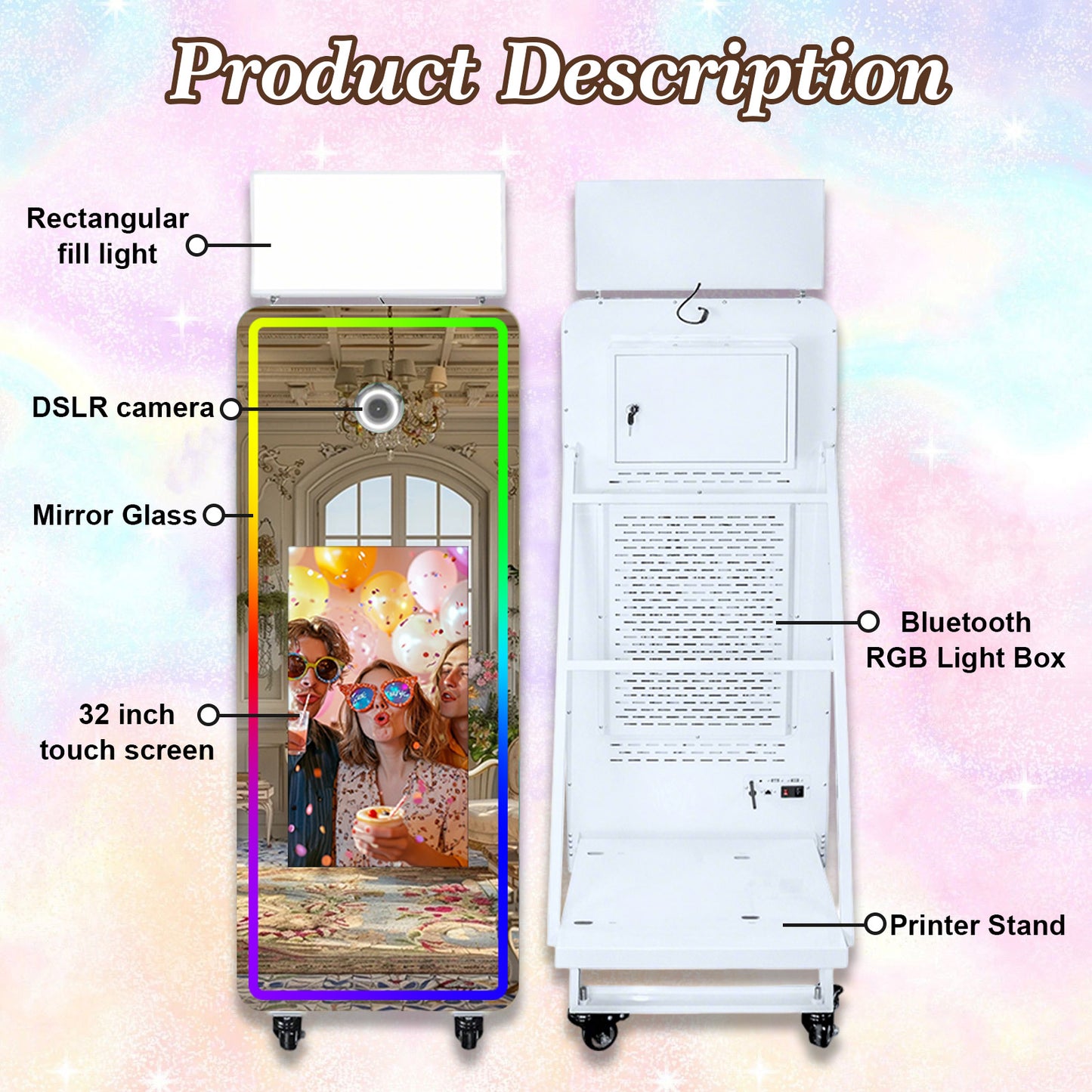 Cabina de Fotos Espejo Mágico 65'' Cabina de Fotos con Espejo Pantalla Táctil Interactiva de 32/43'' Mini PC Integrado con Impresión Instantánea y Compartir para Eventos, Fiestas, Bodas y Alquiler