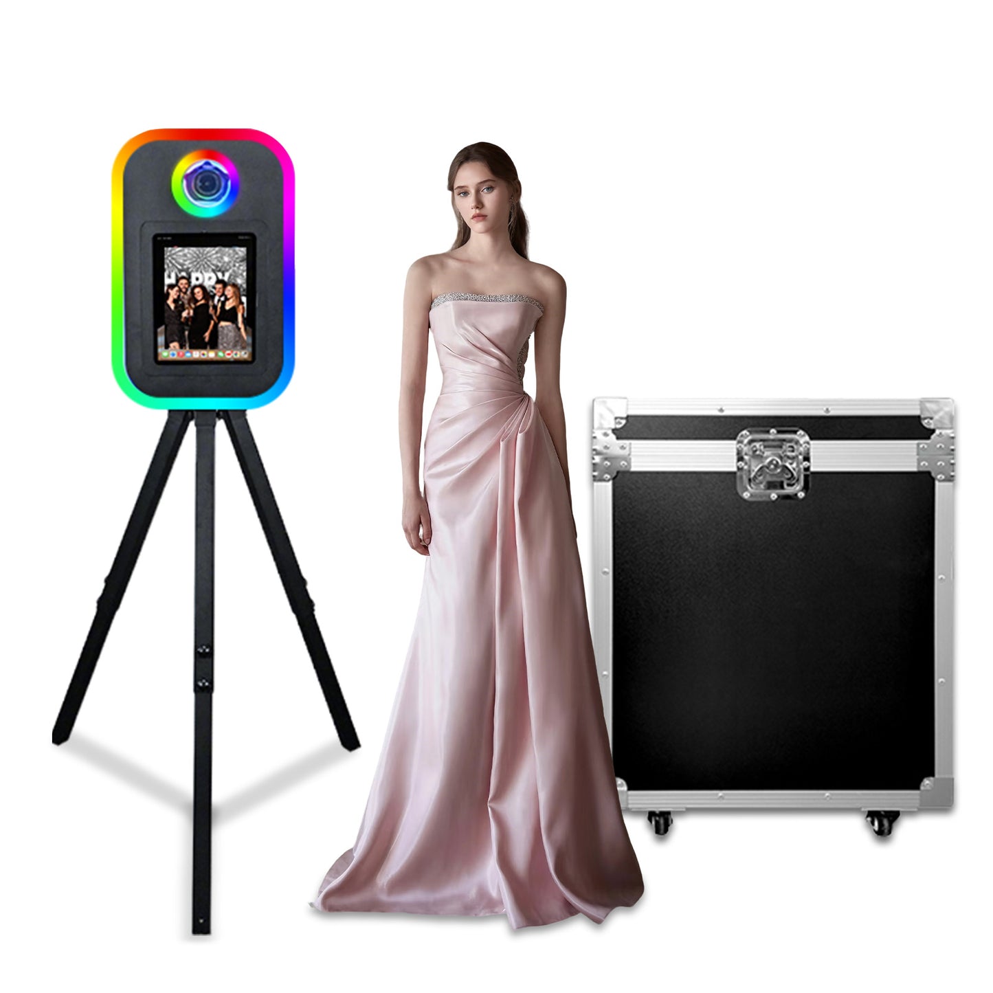 Cabina de fotos portátil para iPad de 10.2", 11" y 12.9". Control por app. Carcasa con soporte compatible con iPad. Carcasa para selfies con cámara DSLR y luz de anillo para fiestas de cumpleaños.