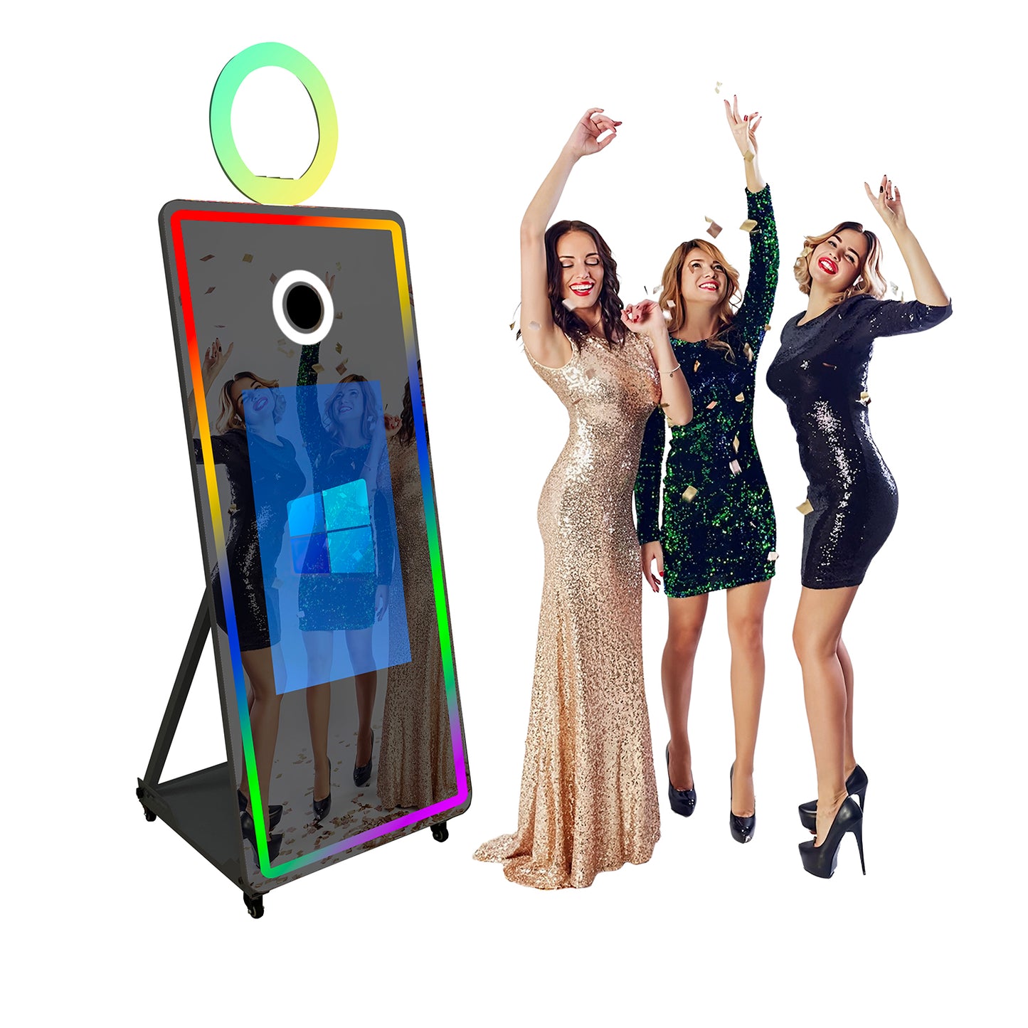 Magic Mirror Photo Booth with Flight Case and Square Fill Light 65 in Movable Mirror Photobooth Machine with 32in 43in Touch Screen for Events Parties Wedding Rental
