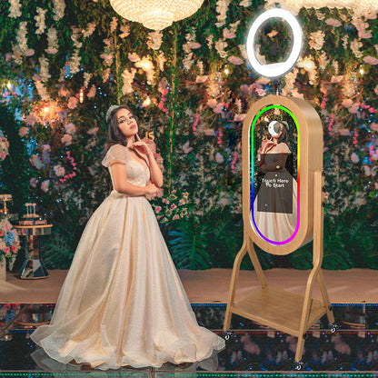 Imitation Wood Grain Magic Mirror Photo Booth 21.5 Touch Screen Camera Selfie DSLR Photobooth Machine with Software RGB LED Ring Light and Flight Case for Events Weddings Parties