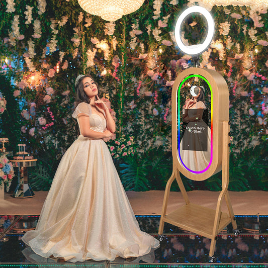 Imitation Wood Grain Magic Mirror Photo Booth 21.5 Touch Screen Camera Selfie DSLR Photobooth Machine with Software RGB LED Ring Light and Flight Case for Events Weddings Parties