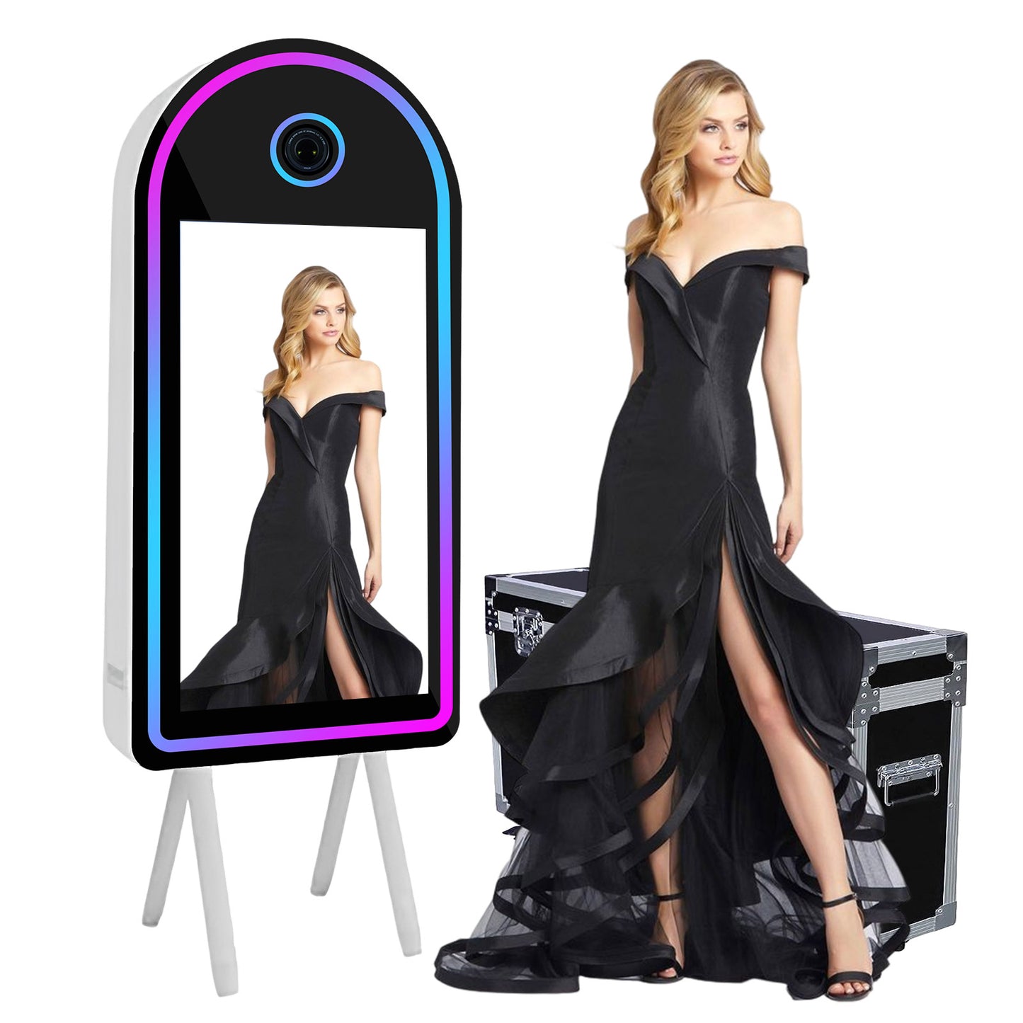Cabina de fotos con espejo mágico, estuche de transporte y luz de relleno cuadrada. Máquina de fotomatón con espejo móvil de 65 pulgadas y pantalla táctil de 32 y 43 pulgadas para eventos, fiestas, bodas y alquiler.