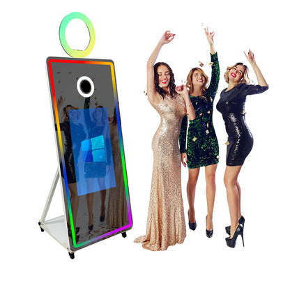 Magic Mirror Photo Booth with Flight Case and Square Fill Light 65 in Movable Mirror Photobooth Machine with 32in 43in Touch Screen for Events Parties Wedding Rental