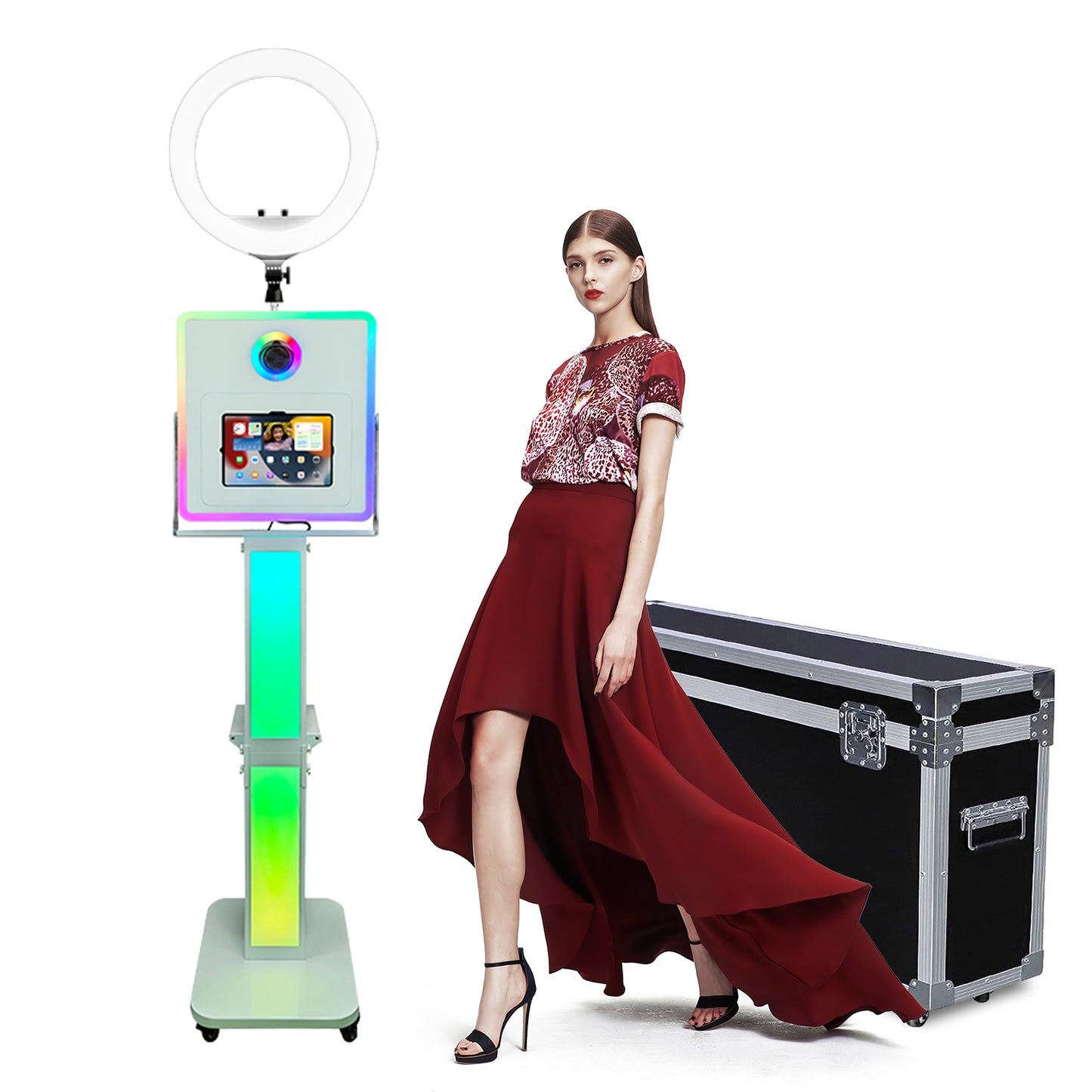 3 in 1 Portable Photo Booth Machine for Ipad 10.2" 10.9" 11" 12.9'' PhotoBooth Stand Shell Provide Cyratok Software RGB Ring Light Music Sync Aluminum Alloy Selfie Photo Booth for Parties Weddings Events
