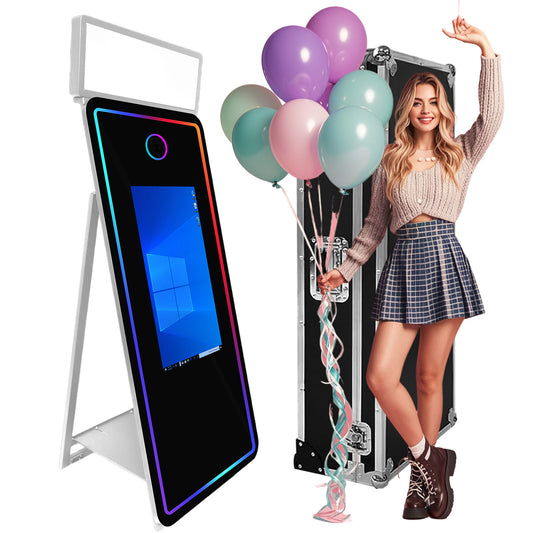 Magic Mirror Photo Booth 65'' Mirror Photo Booth 32/43'' Interactive Touch Screen Built-in Mini PC with Instant Print and Sharing for Event Party Wedding Rental