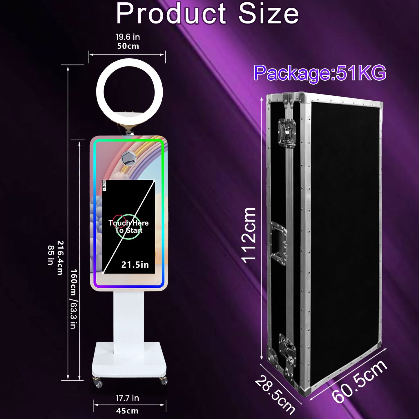 Magic Mirror Photo Booth 21.5/32" Touch Screen Camera Selfie DSLR Photobooth Machine with Software RGB LED Ring Light and Flight Case for Event Rental Wedding Party