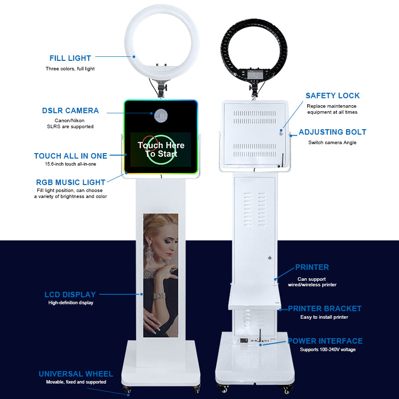 LCD Camera Photo Booth with 15.6" Mirror Touch Screen APP Control Mirror Photo Booth Selfie Station Shell Stand DIY Photobooth Machine with RGB Light