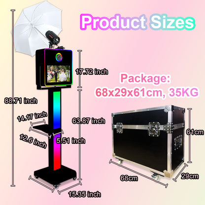 Cabina de fotos con espejo, impresora y cámara DSLR, pantalla táctil de 15,6 pulgadas, portátil, para selfies, luces RGB, ideal para bodas, fiestas, eventos, alquileres navideños.