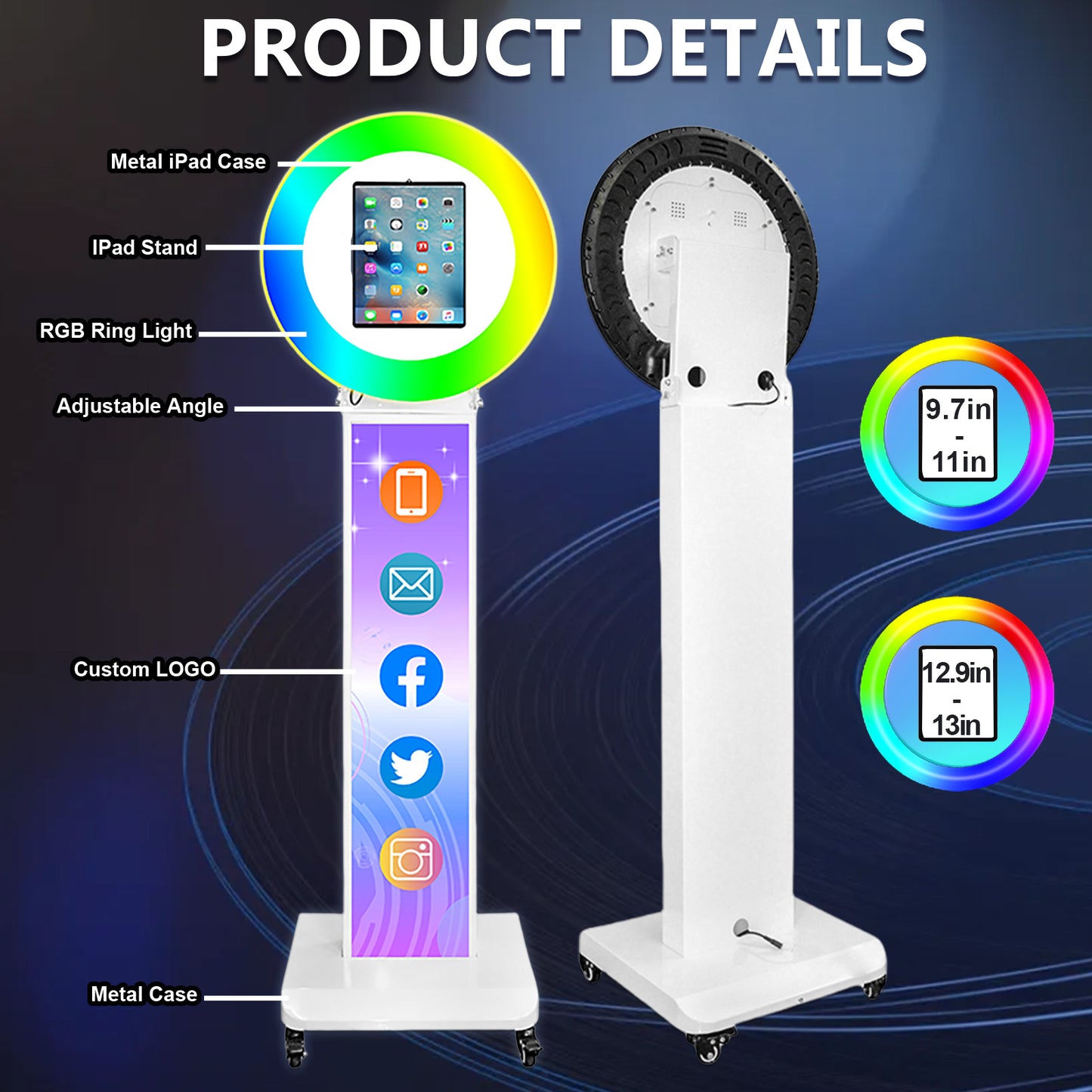 Portable Photo Booth Customized Logo with Light Ring for I Pad 10.2in 10.9in 11in 12.9in, Selfie Photobooth Stand Shell Machine with Software Remote Control Flight Case Music Sync for Christmas