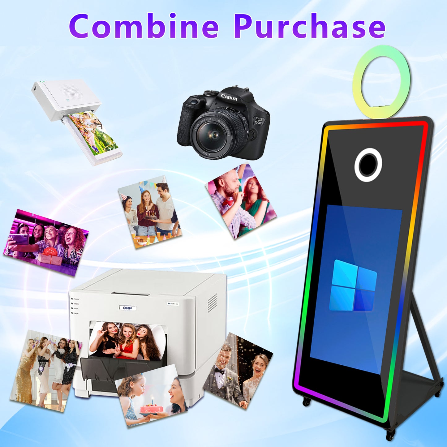 Magic Mirror Photo Booth with Flight Case and Square Fill Light 65 in Movable Mirror Photobooth Machine with 32in 43in Touch Screen for Events Parties Wedding Rental