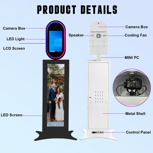 Cabina de fotos con espejo mágico de 15,6 pulgadas con luz RGB, máquina de fotomatón DSLR, pantalla táctil portátil para selfies con estuche de transporte para bodas, fiestas y eventos.
