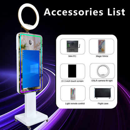 Magic Mirror Photo Booth 21.5/32" Touch Screen Camera Selfie DSLR Photobooth Machine with Software RGB LED Ring Light and Flight Case for Event Rental Wedding Party