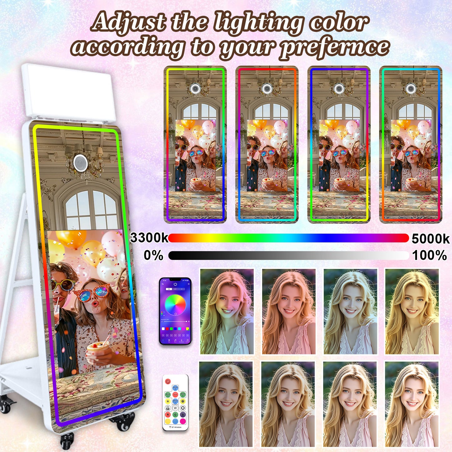 Cabina de Fotos Espejo Mágico 65'' Cabina de Fotos con Espejo Pantalla Táctil Interactiva de 32/43'' Mini PC Integrado con Impresión Instantánea y Compartir para Eventos, Fiestas, Bodas y Alquiler