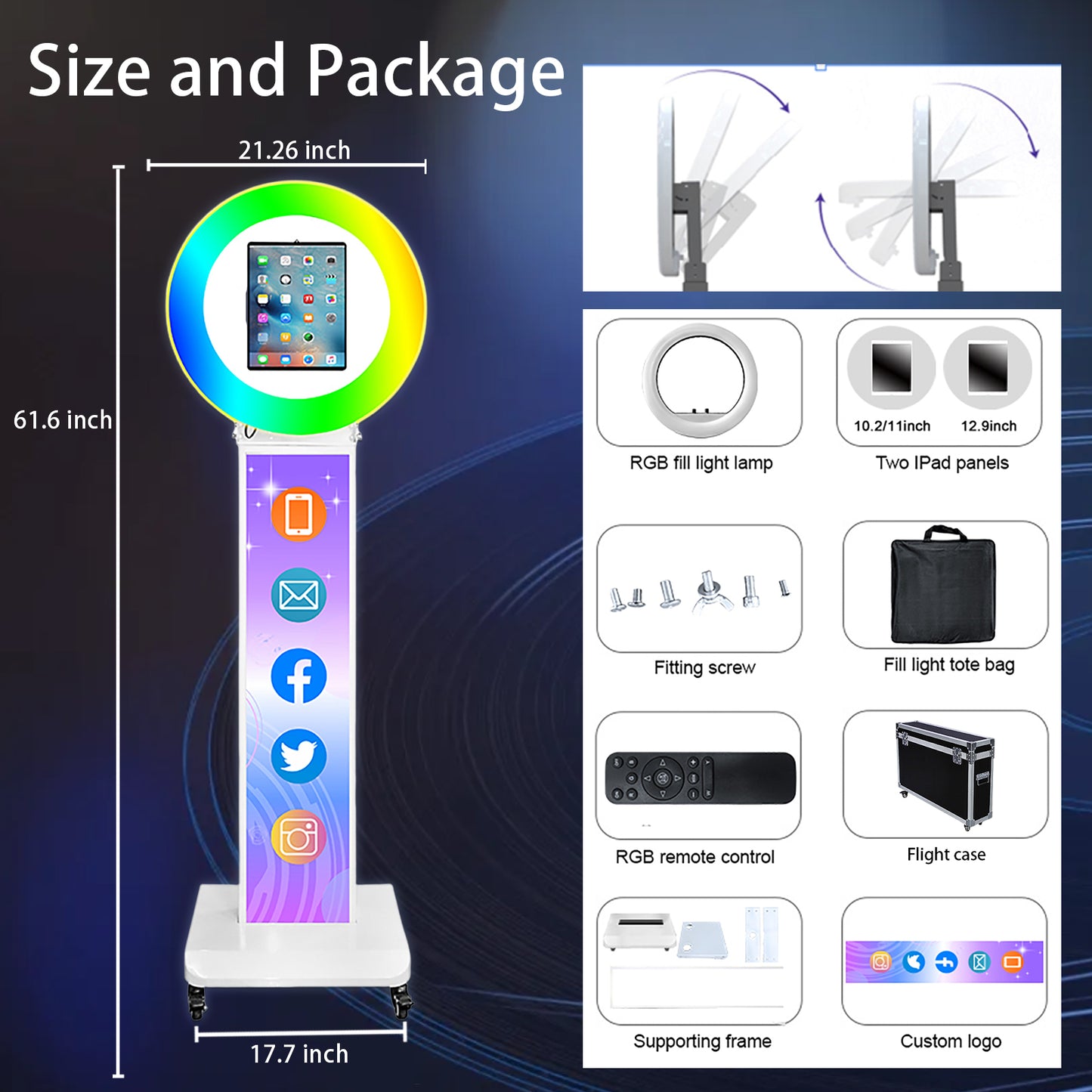 Portable Photo Booth Customized Logo with Light Ring for I Pad 10.2in 10.9in 11in 12.9in, Selfie Photobooth Stand Shell Machine with Software Remote Control Flight Case Music Sync for Christmas