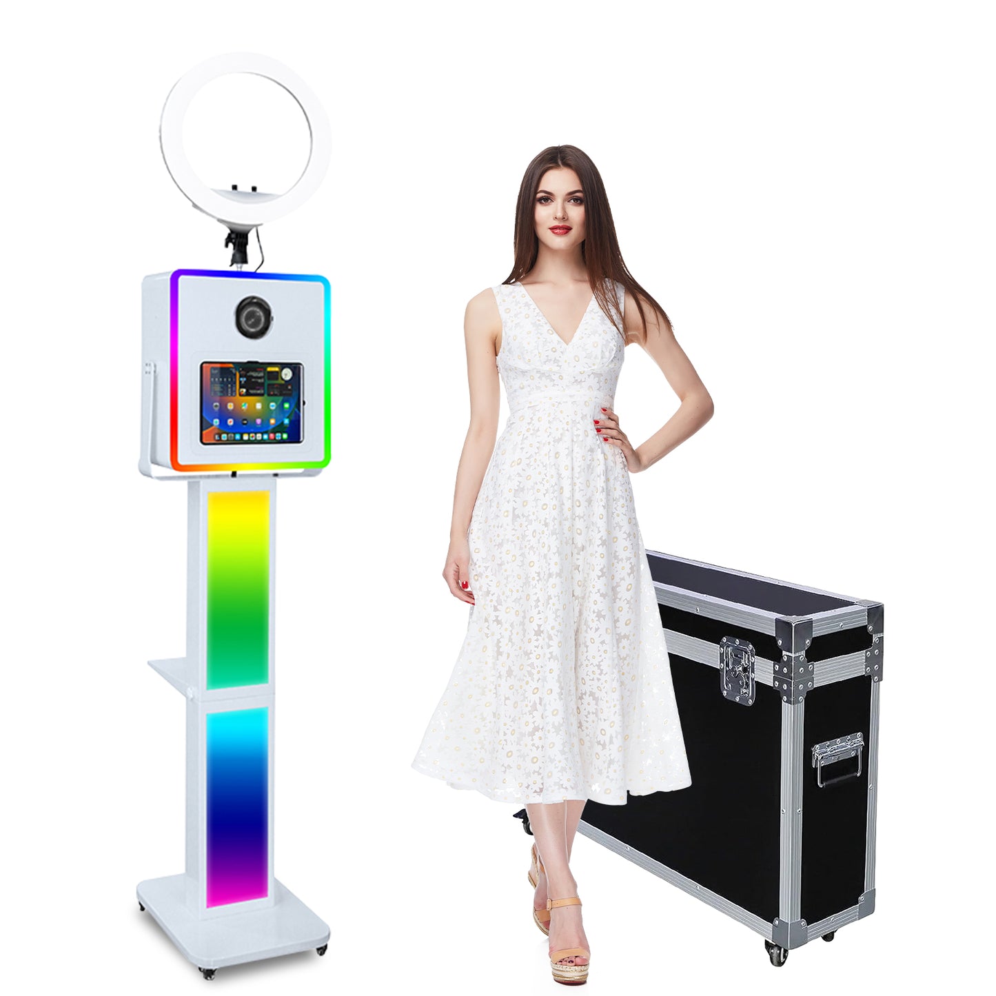 3 in 1 Portable Photo Booth Machine for Ipad 10.2" 10.9" 11" 12.9'' PhotoBooth Stand Shell Provide Cyratok Software RGB Ring Light Music Sync Aluminum Alloy Selfie Photo Booth for Parties Weddings Events