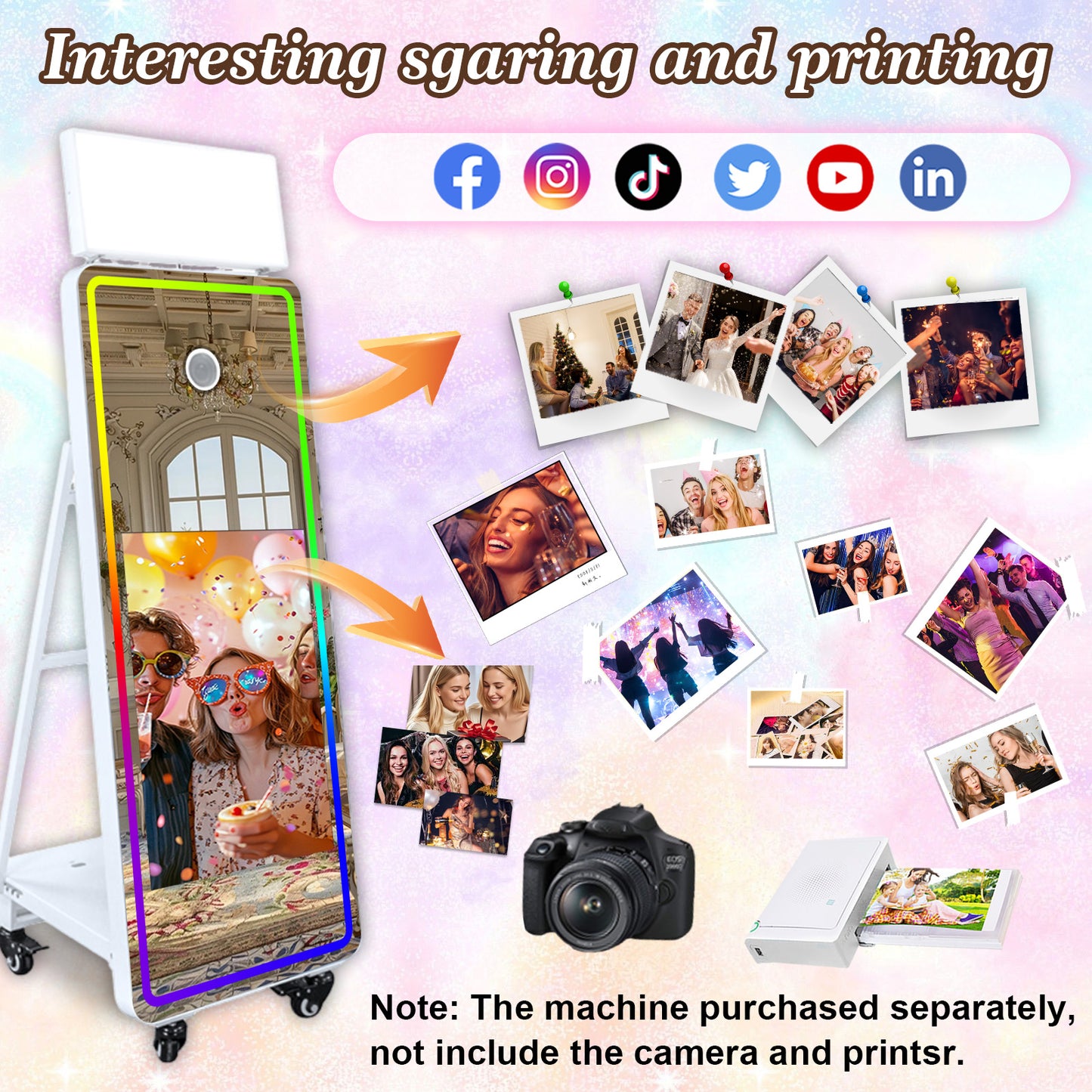 Cabina de Fotos Espejo Mágico 65'' Cabina de Fotos con Espejo Pantalla Táctil Interactiva de 32/43'' Mini PC Integrado con Impresión Instantánea y Compartir para Eventos, Fiestas, Bodas y Alquiler
