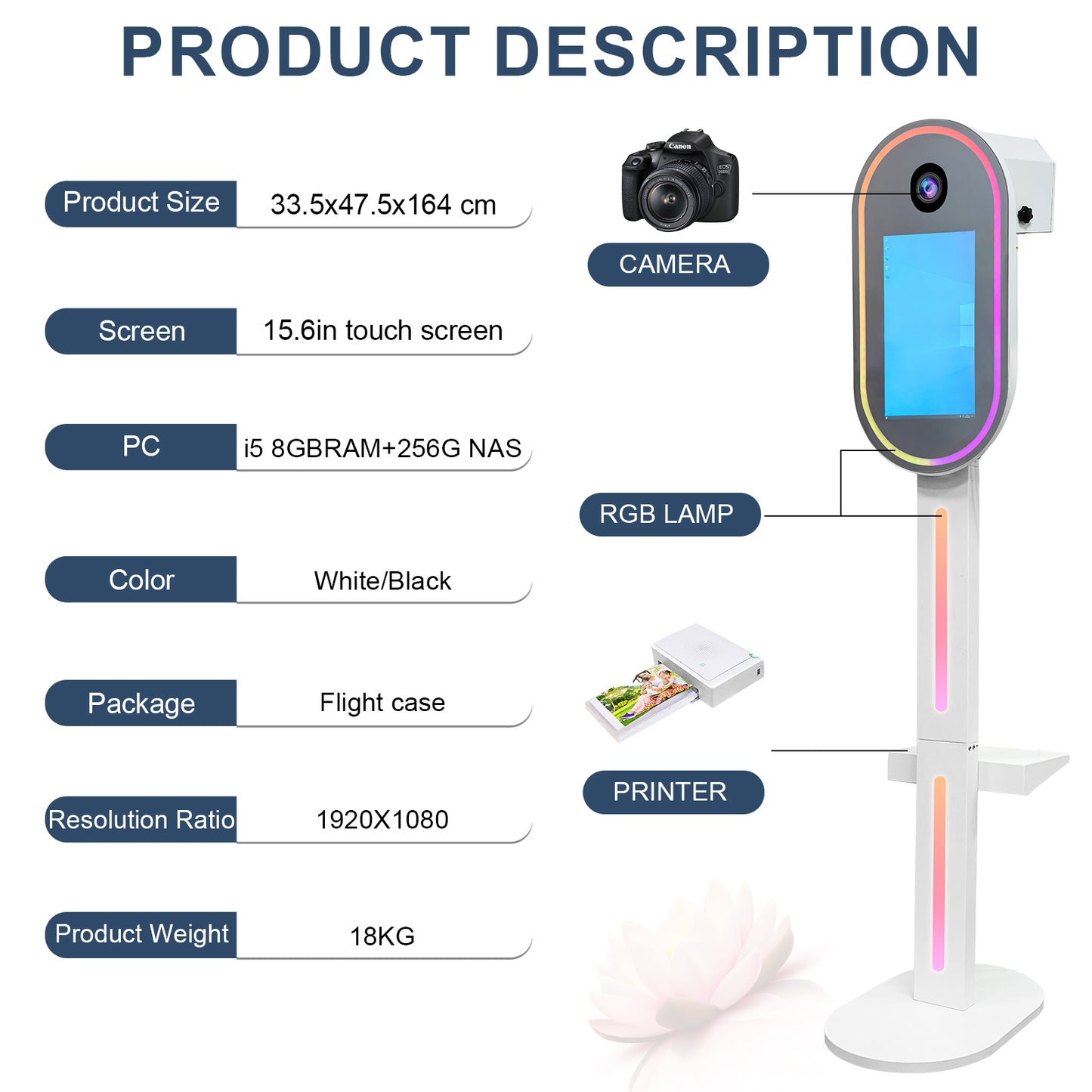 DSLR Photo Booth Portable Kiosk Camera Machine 15.6 inch Touch Screen Selfie Oval DSLR Photobooth Shell for Party Events
