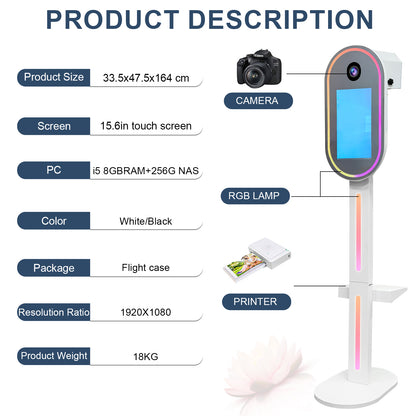 DSLR Photo Booth Portable Kiosk Camera Machine 15.6 inch Touch Screen Selfie Oval DSLR Photobooth Shell for Party Events