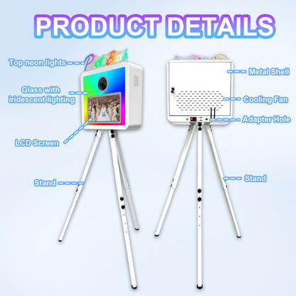 Cabina de fotos con espejo mágico, estuche de transporte y luz de relleno cuadrada. Máquina de fotomatón con espejo móvil de 65 pulgadas y pantalla táctil de 32 y 43 pulgadas para eventos, fiestas, bodas y alquiler.