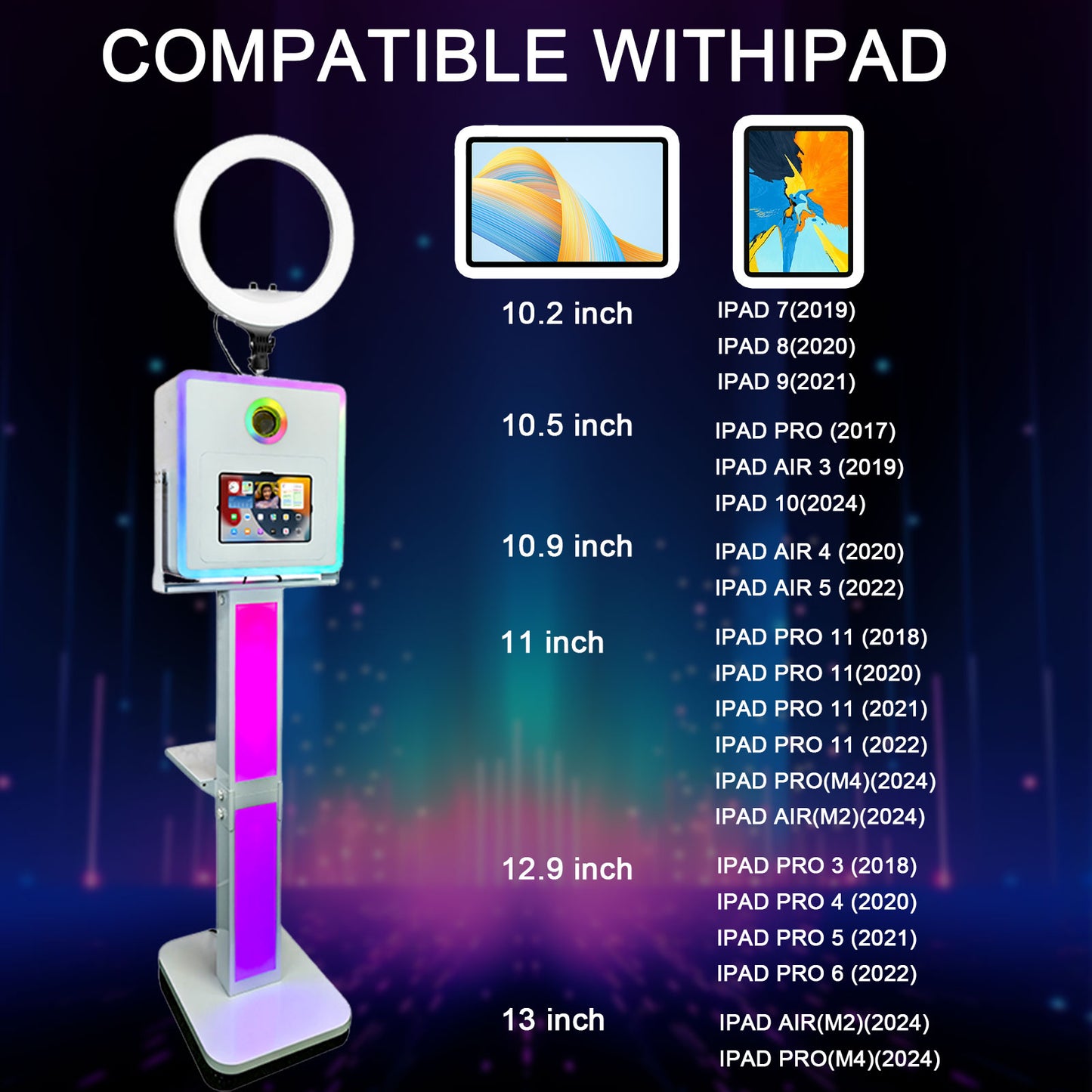 3 in 1 Portable Photo Booth Machine for Ipad 10.2" 10.9" 11" 12.9'' PhotoBooth Stand Shell Provide Cyratok Software RGB Ring Light Music Sync Aluminum Alloy Selfie Photo Booth for Parties Weddings Events