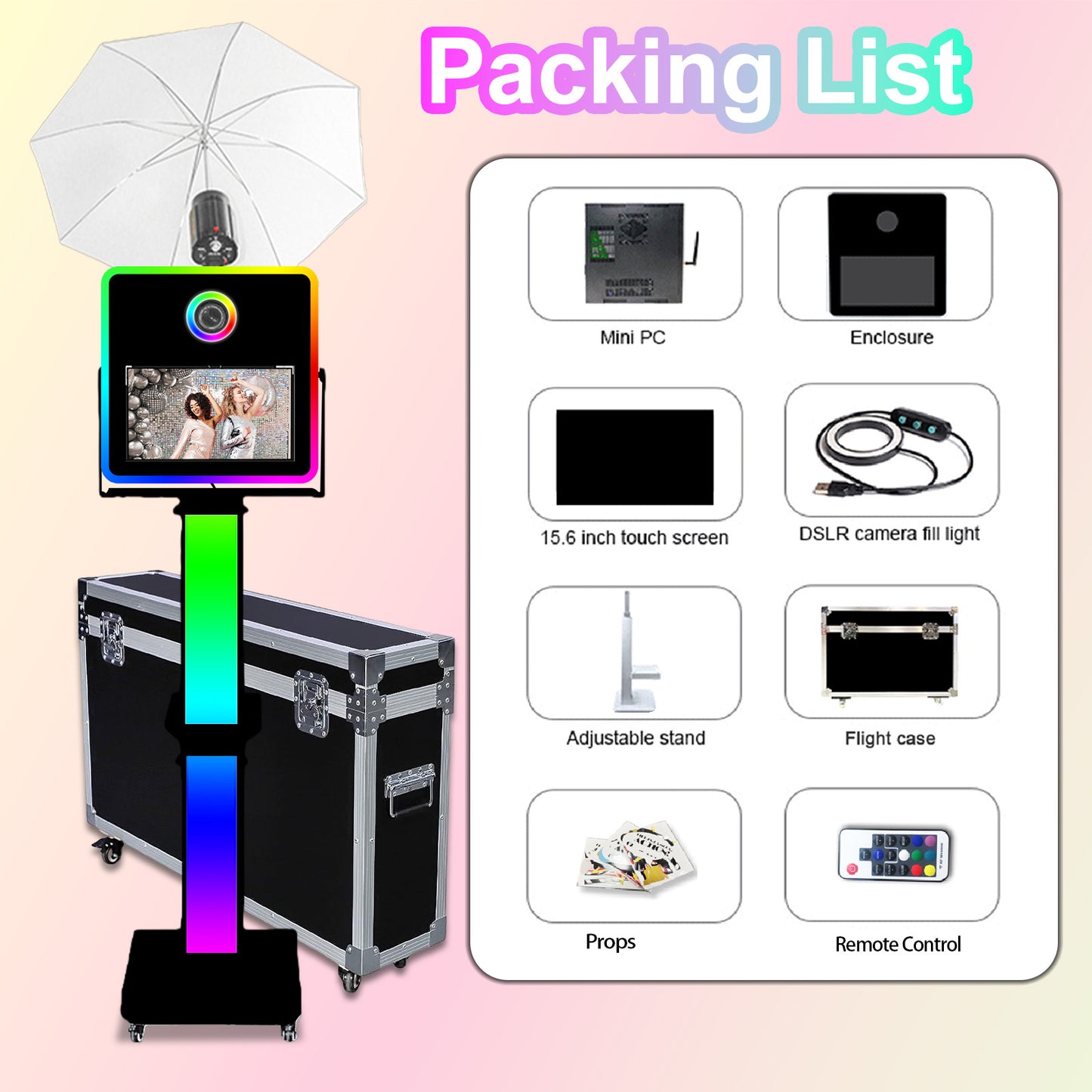 Cabina de fotos con espejo, impresora y cámara DSLR, pantalla táctil de 15,6 pulgadas, portátil, para selfies, luces RGB, ideal para bodas, fiestas, eventos, alquileres navideños.