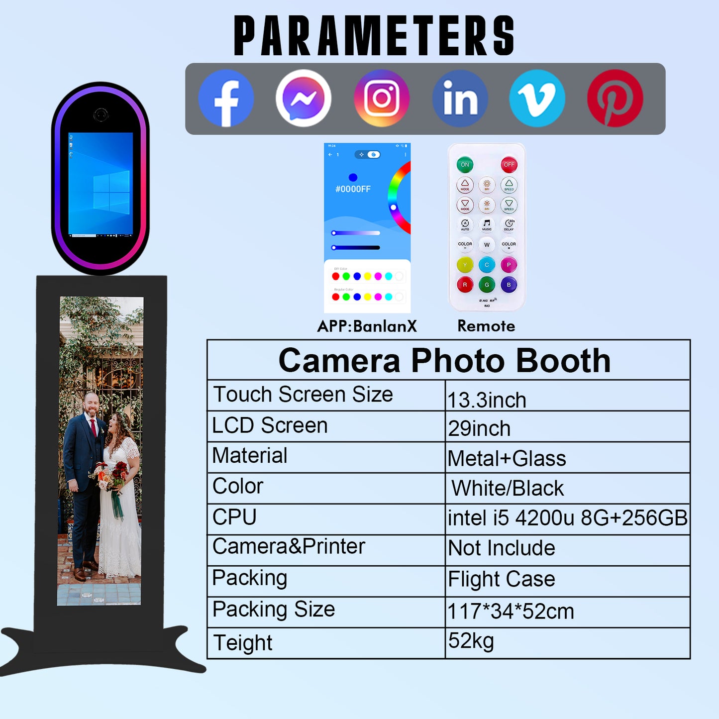 Cabina de fotos con espejo mágico de 15,6 pulgadas con luz RGB, máquina de fotomatón DSLR, pantalla táctil portátil para selfies con estuche de transporte para bodas, fiestas y eventos.