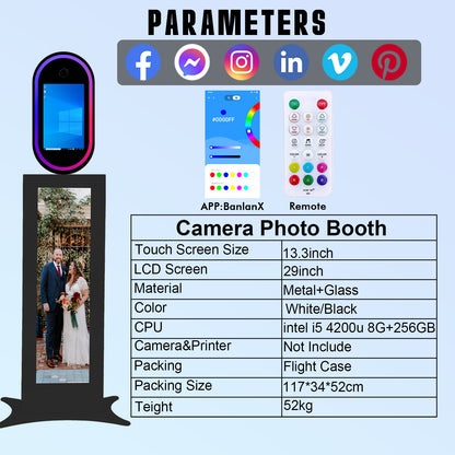 Cabina de fotos con espejo mágico de 15,6 pulgadas con luz RGB, máquina de fotomatón DSLR, pantalla táctil portátil para selfies con estuche de transporte para bodas, fiestas y eventos.