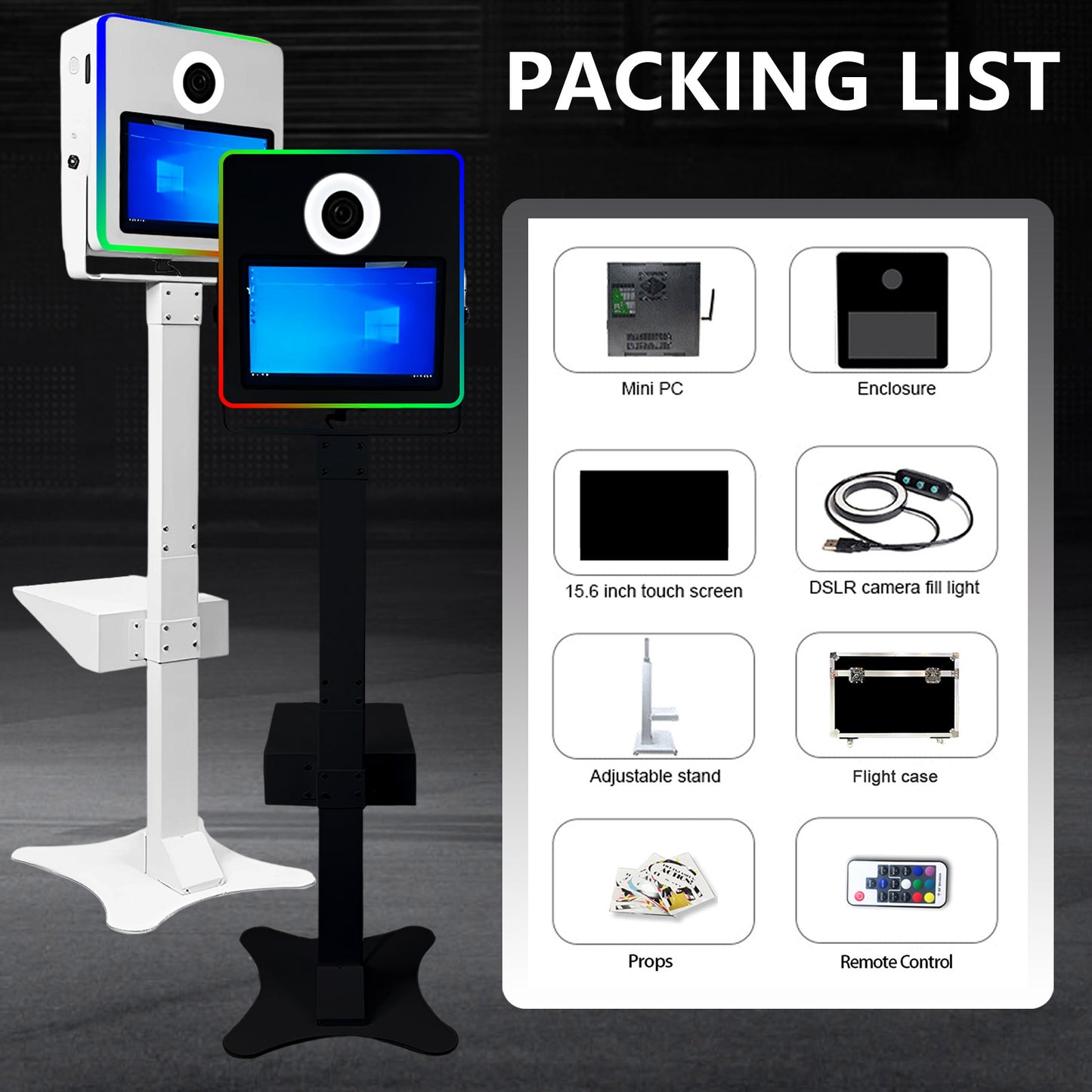 Magic Mirror Photo Booth 15.6in for Party Rental Wedding,Selfie Camera Mirror Photo Booth Built-in Mini PC RGB Light App Remote Control Portable Flight Case