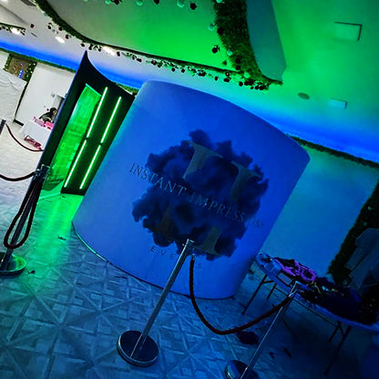 360 Photobooth Backdrop Photo Booth Enclosure Wall Backdrops Customized Logo 10FT Video Selfie Rotating Background with 32 PCS LED Light Stand for Rental Wedding Party