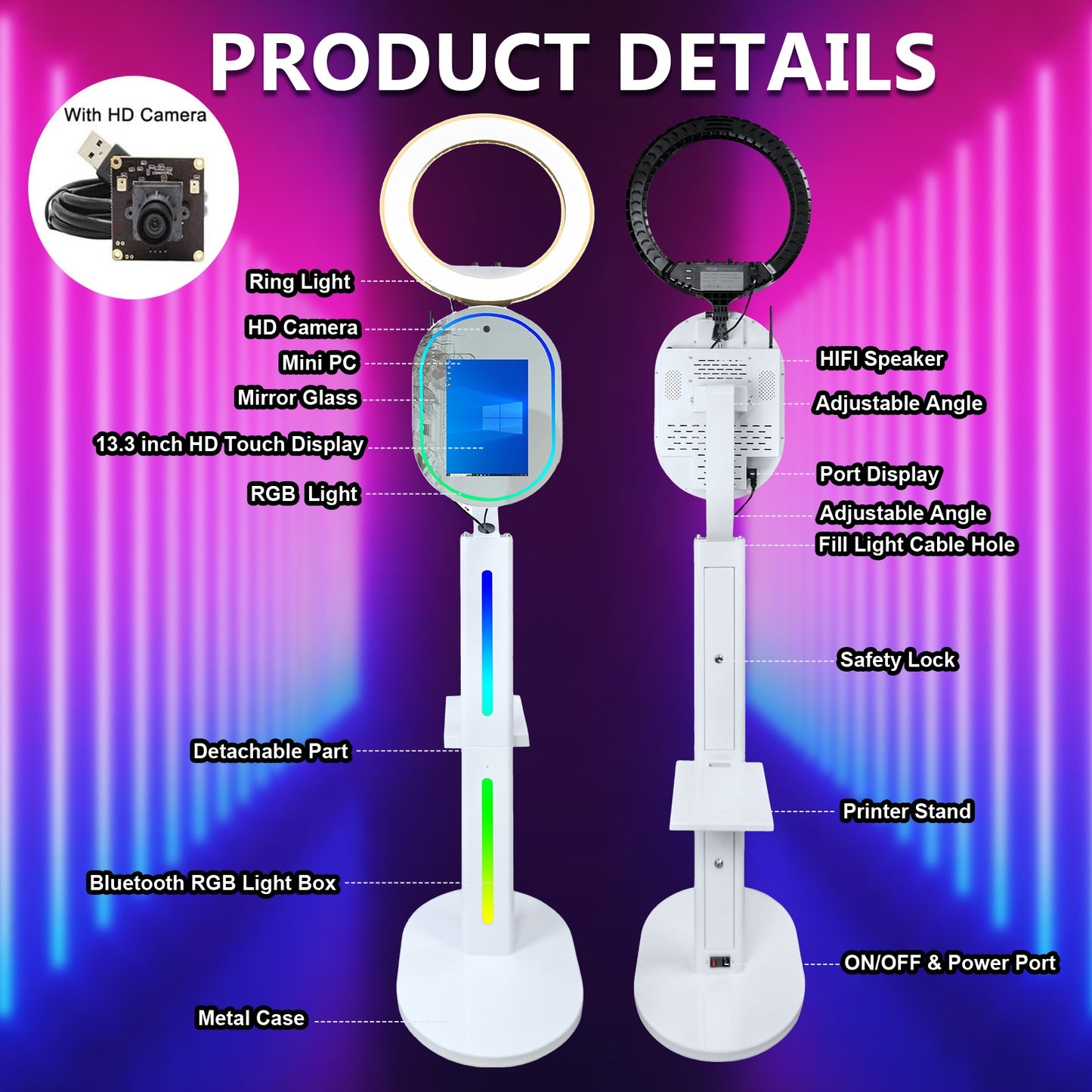 Magic Mirror Photo Booth Built-in HD Camera with 13.3in Touch All-in-one Camera Photobooth Selfie Station with RGB Fill Light RGB Light Box Flight Case for Parties Wedding Exhibition