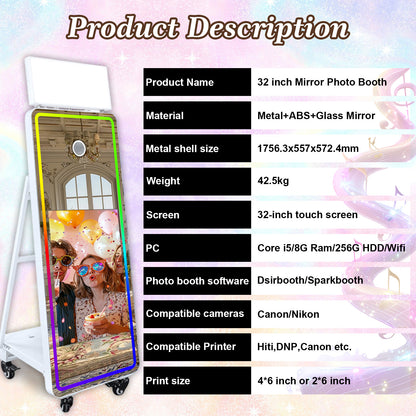 Cabina de Fotos Espejo Mágico 65'' Cabina de Fotos con Espejo Pantalla Táctil Interactiva de 32/43'' Mini PC Integrado con Impresión Instantánea y Compartir para Eventos, Fiestas, Bodas y Alquiler