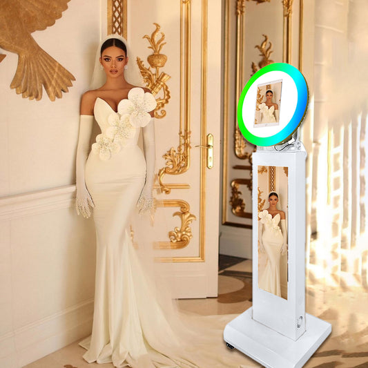 LCD Screen Portable Photo Booth Compatible with Any Ipad, 1080P Intelligent Split Screen Ipad Photo Booth LCD for Wedding Party Software APP Control LCD Ring Light, Flight Case