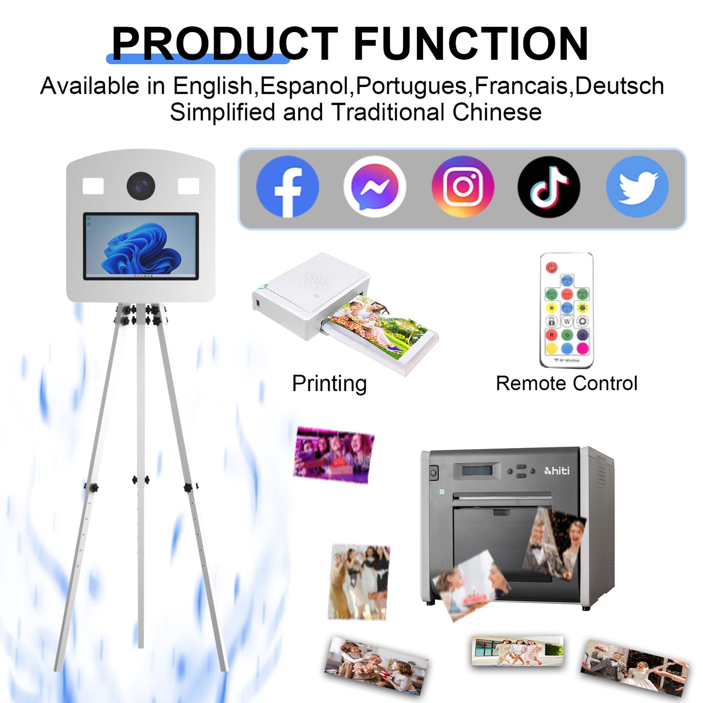 Cabina de fotos con espejo mágico, estuche de transporte y luz de relleno cuadrada. Máquina de fotomatón con espejo móvil de 65 pulgadas y pantalla táctil de 32 y 43 pulgadas para eventos, fiestas, bodas y alquiler.