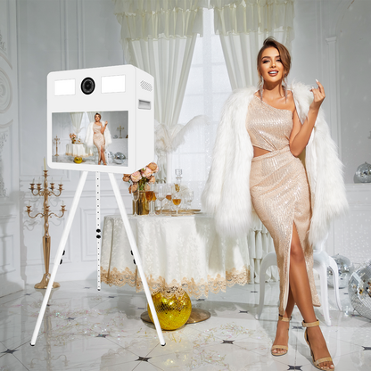 Cabina de fotos con espejo mágico, estuche de transporte y luz de relleno cuadrada. Máquina de fotomatón con espejo móvil de 65 pulgadas y pantalla táctil de 32 y 43 pulgadas para eventos, fiestas, bodas y alquiler.
