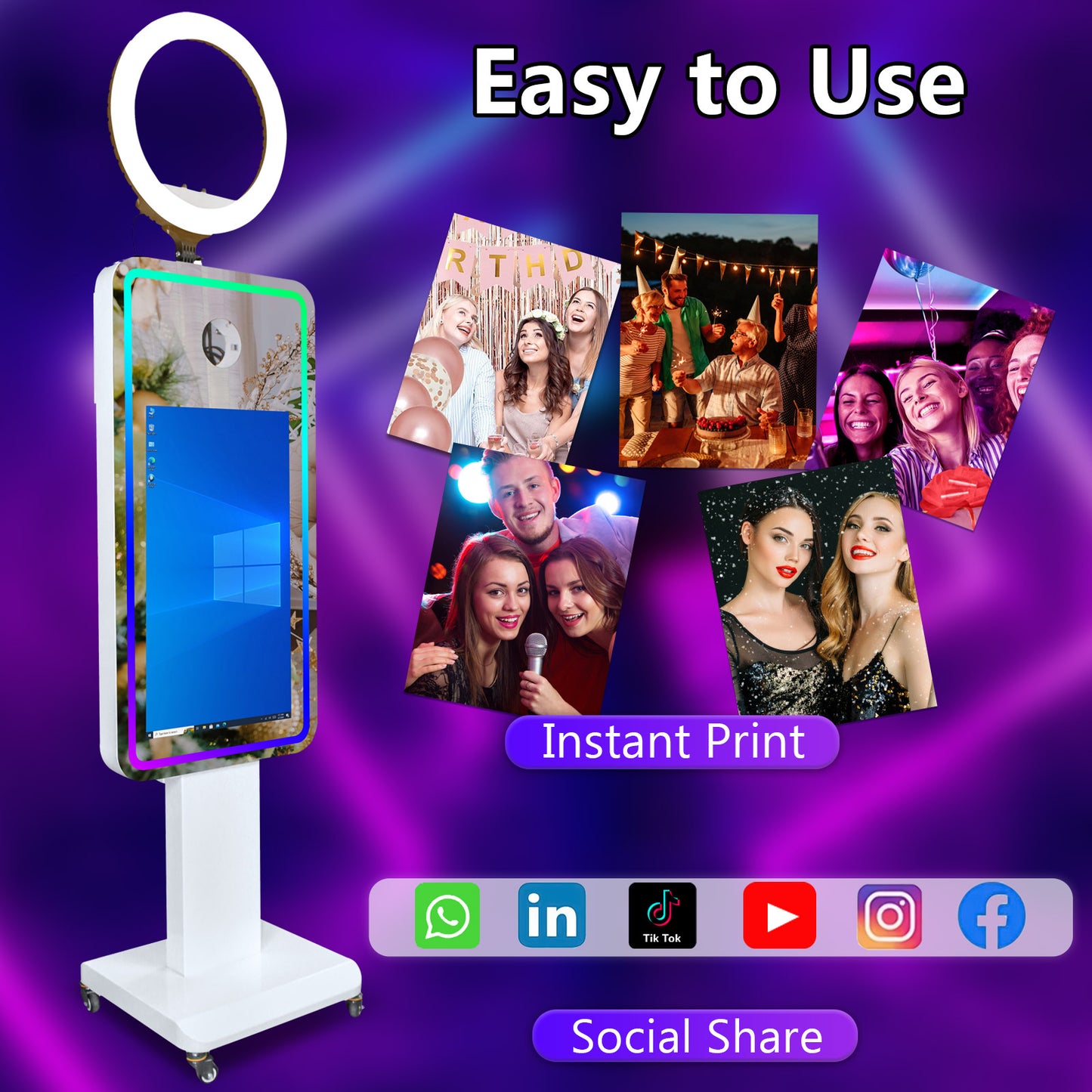 Magic Mirror Photo Booth 21.5/32" Touch Screen Camera Selfie DSLR Photobooth Machine with Software RGB LED Ring Light and Flight Case for Event Rental Wedding Party