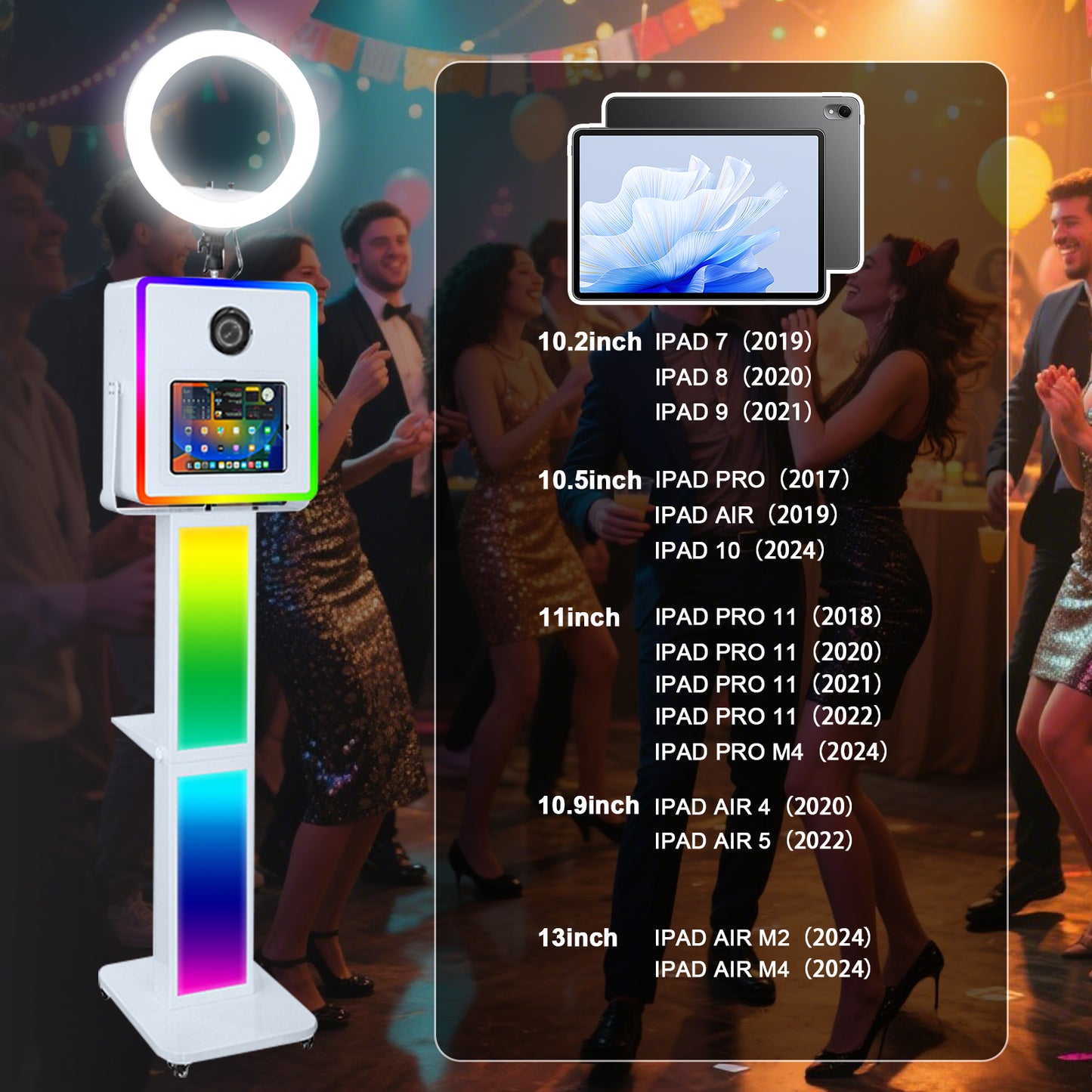 3 in 1 Portable Photo Booth Machine for Ipad 10.2" 10.9" 11" 12.9'' PhotoBooth Stand Shell Provide Cyratok Software RGB Ring Light Music Sync Aluminum Alloy Selfie Photo Booth for Parties Weddings Events