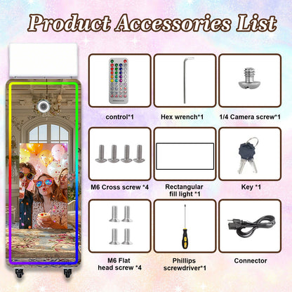 Cabina de Fotos Espejo Mágico 65'' Cabina de Fotos con Espejo Pantalla Táctil Interactiva de 32/43'' Mini PC Integrado con Impresión Instantánea y Compartir para Eventos, Fiestas, Bodas y Alquiler
